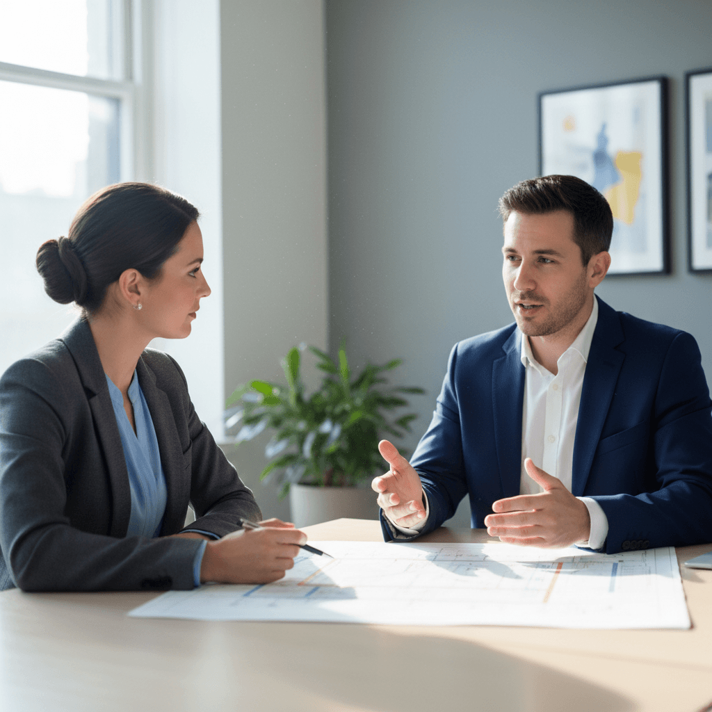 Consultant and client reviewing a printed roadmap document together at a table