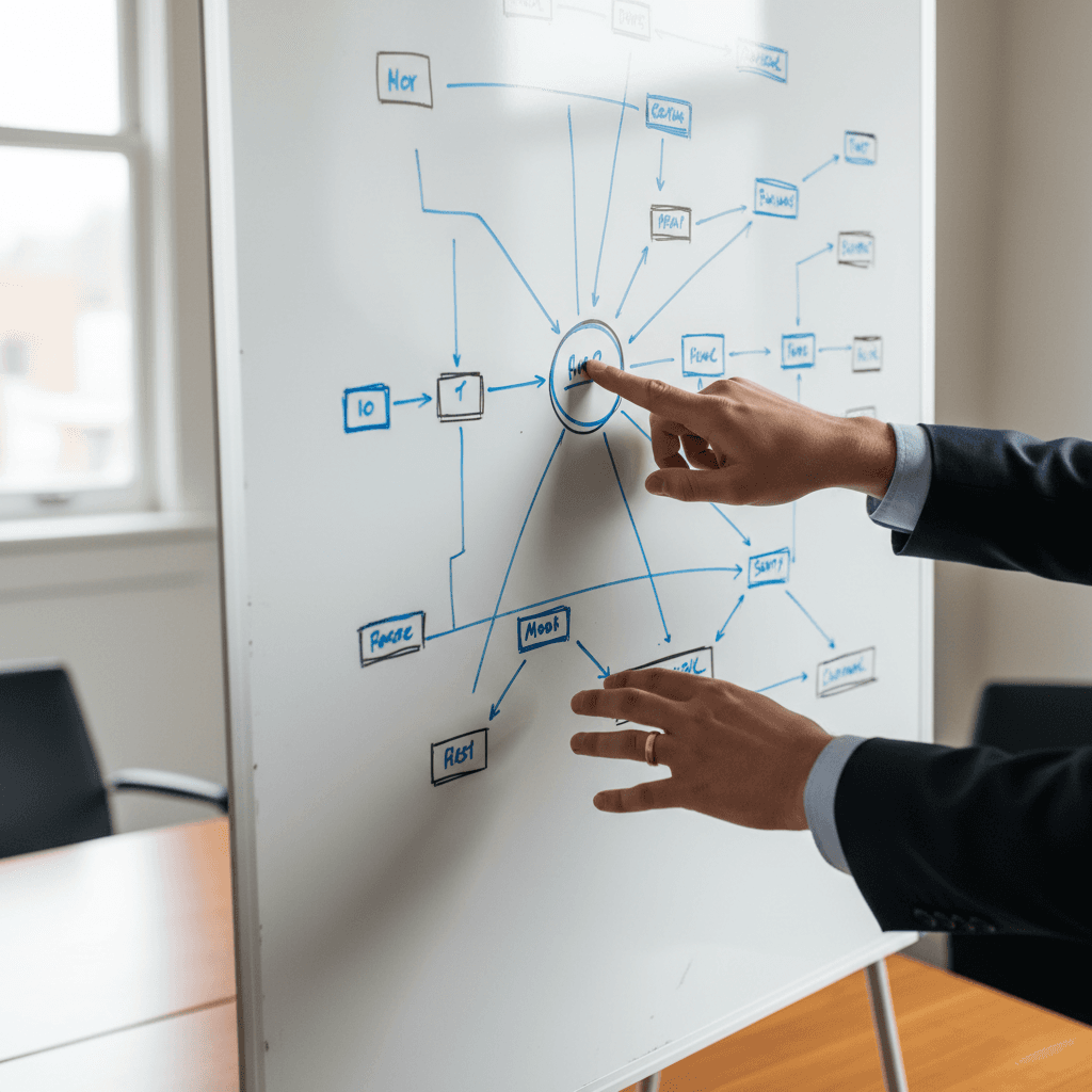 Consultant's hand pointing at a hand-drawn network diagram on a whiteboard