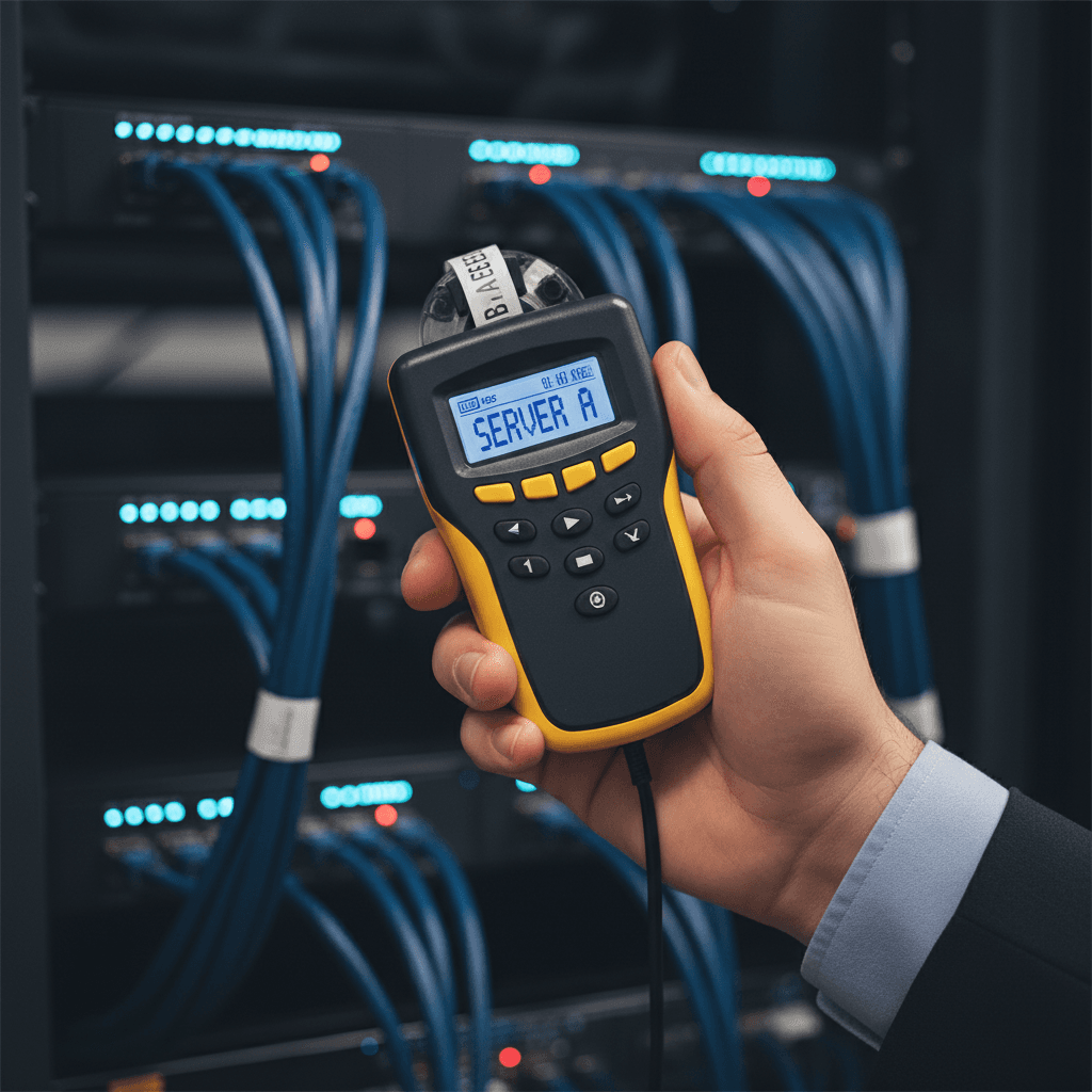Consultant's hand using a label maker on a server rack cable