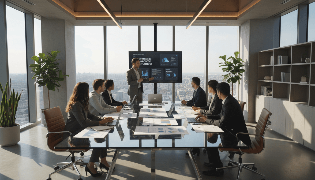 IT consultant leading a strategy session in a glass-walled office