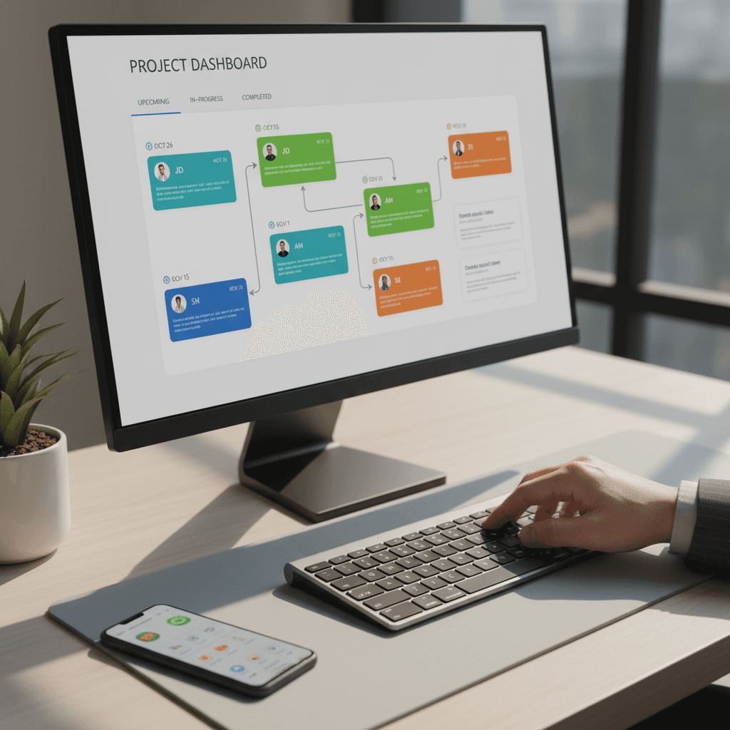 Consultant placing a completed project folder next to a laptop